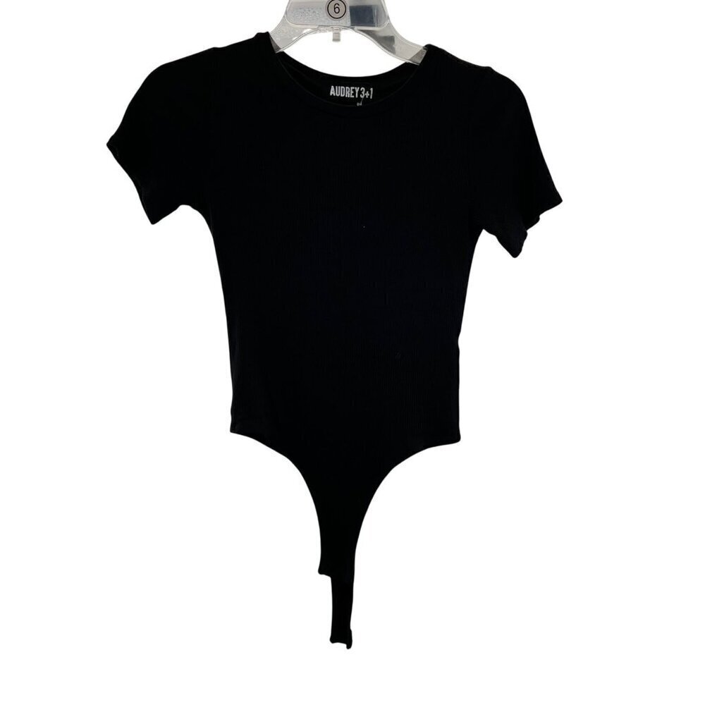 Audrey 3+1 Women's Short Sleeve Bodysuit Black Ribbed Size Medium